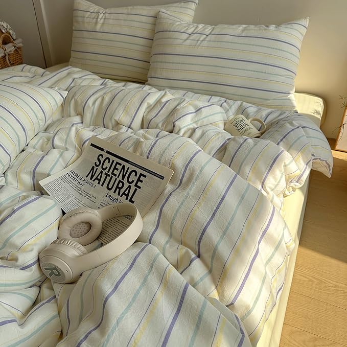 EAVD Vintage Colorful Striped Comforter Set Full Soft Cotton 3-Piece Retro Vertical Striped Bedding Set with 2 Pillowcases Boho Geometric Comforter Set for All-Season(Purple&Yellow&Blue, Full)