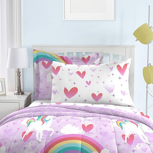 dream FACTORY Kids 7-Piece Complete Set Easy-Wash Super Soft Microfiber Comforter Bedding, Full, Purple Unicorn Rainbow