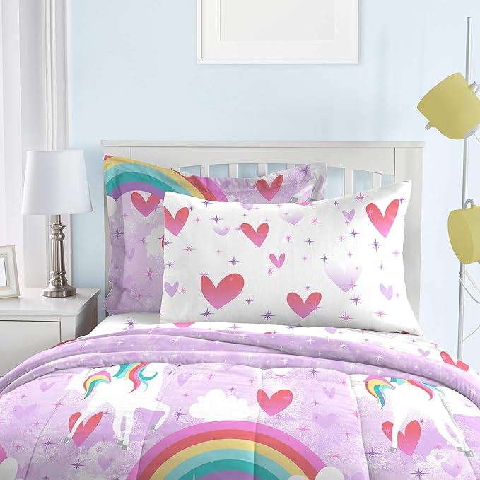 dream FACTORY Kids 5-Piece Complete Set Easy-Wash Super Soft Microfiber Comforter Bedding, Twin, Purple Unicorn Rainbow