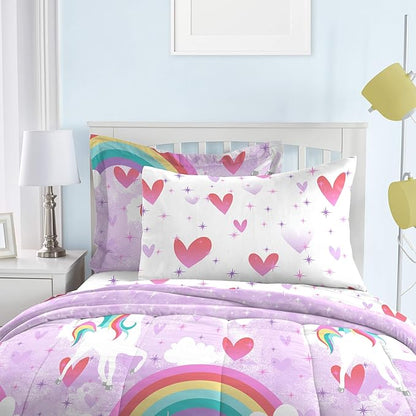 dream FACTORY Kids 5-Piece Complete Set Easy-Wash Super Soft Microfiber Comforter Bedding, Twin, Purple Unicorn Rainbow