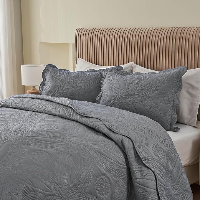 Oversized Cal King Bedspreads 120x120 for Extra Tall Split California King Bed Lightweight Quilted Coverlet Set 3 Pieces 1 Quilt 2 Pillow Shams Grey