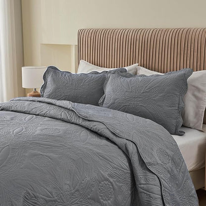 Oversized Cal King Bedspreads 120x120 for Extra Tall Split California King Bed Lightweight Quilted Coverlet Set 3 Pieces 1 Quilt 2 Pillow Shams Grey