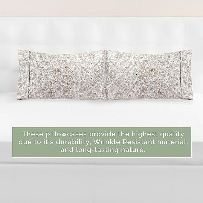 Elegant Comfort Ultra Soft Set of 2 Floral Print Pillowcases - 1500 Premium Hotel Quality Microfiber, Soft and Smooth Envelope Closure 2-Piece Pillow Covers - King, Paisley Taupe