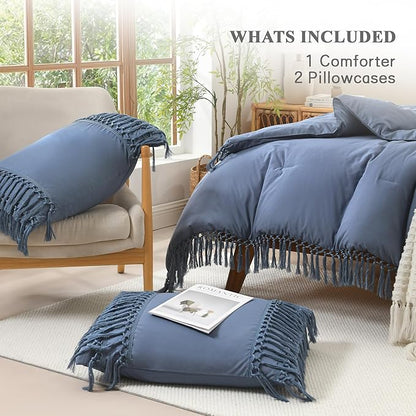 Andency Comforter King Size Set Bluish Grey, 3 Pieces Boho Tassel Lightweight Fluffy Bedding Comforters & Sets, Soft All Season Bed Set (104x90In Comforter & 2 Pillowcases)