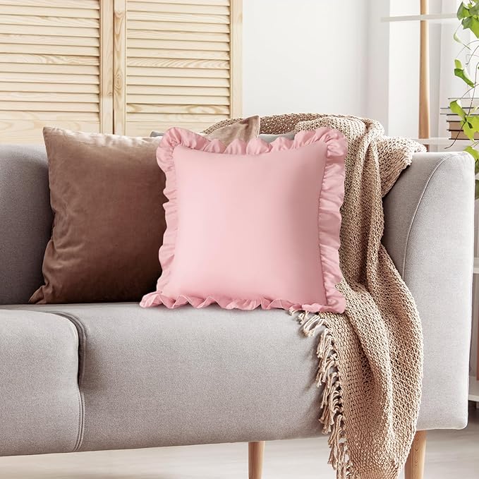 KKJIAF Ruffle Pillow Cases 18x18 Inches, Light Pink Square Ruffled Pillow Covers Set of 2, Microfiber Wrinkle Resistant Pillow Shams with Envelope Closure for Sofa Bed Living Room