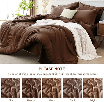MUXHOMO 7 Pieces Full Comforter Set, Soft Bed in a Bag Full Size, All Season Bedding Set with Comforter, Flat Sheet, Fitted Sheet, Pillowcases & Shams, Brown