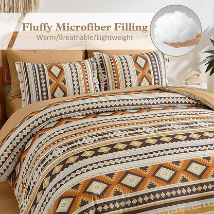 Dinjoy Boho King Size Bed in A Bag 7 Pieces,Yellow Brown Comforter Set Aztec Striped Fall Bedding Set Patchwork Complete Set Geometric Pattern Comforters for Women 90"×104"