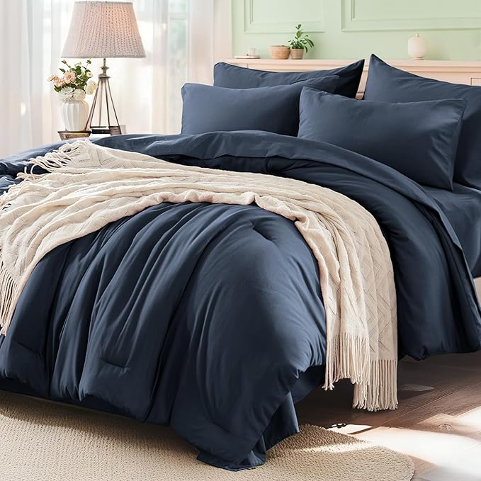 Anluoer Navy Blue Full Comforter Set 7 Pieces, Bed in a Bag with Sheets, All Season Bedding Sets with 1 Comforter, 2 Pillow Shams, 2 Pillowcases, 1 Flat Sheet, 1 Fitted Sheet