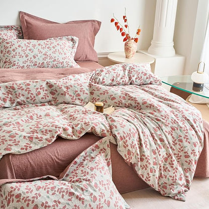 mixinni 100% Washed Cotton Duvet Cover Set, Reversible Vintage Floral Jacquard Textured Comforter Cover, Boho Farmhouse Bedding Set with Zipper Closure for All Season, Queen Size