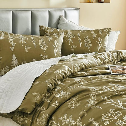 MUXHOMO Duvet Cover Full Size, Reversible Floral Olive Green Duvet Cover Set with Zipper Closure, 3 Pieces Botanical Patterns Soft Microfiber Bedding Set with 4 Ties (80"x90", 2 Pillow Cases)