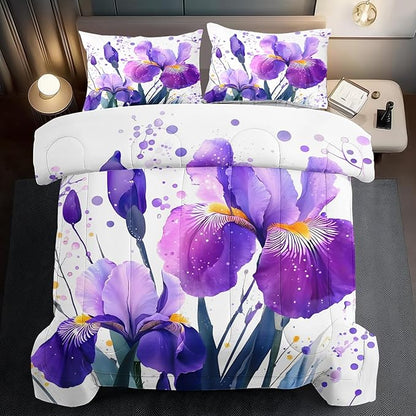 Purple Floral Comforter Set Queen Size Woman,Purple Iris Comforter for Girls,Pink Flower Bedding Set Queen Bedroom Decor,Floral Bedding Quilt Bed Decor Pink for Kids and Adults