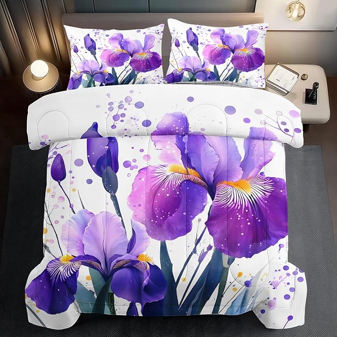 Purple Floral Comforter Set Full Size Woman,Purple Iris Comforter for Girls,Pink Flower Bedding Set Full Bedroom Decor,Floral Bedding Quilt Bed Decor Pink for Kids and Adults