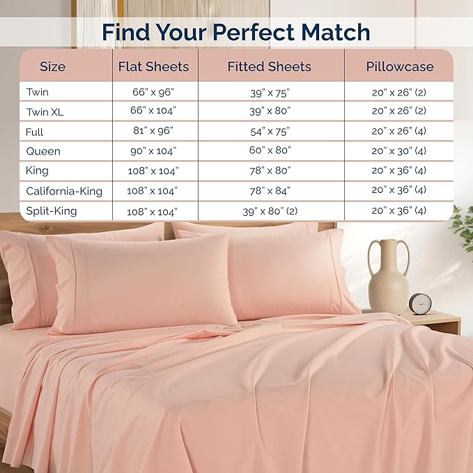 Casa Platino 100% Cotton King Size Sheets Set – 6 Piece Crisp Percale King Size Cooling Sheets, Lightweight for Summer, with 15" Deep Pocket Fitted Sheet Nightly Comfort & Airy Sleep – Veiled Rose