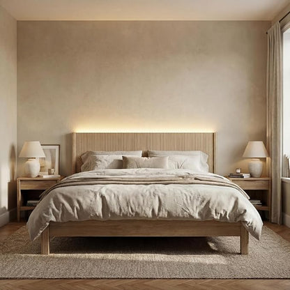 King Size Headboard Only, Modern Fluted Wall-Mounted Head Board with Lighting, Boho Wood Bed headboard Stylish Bedroom Decor, Natural