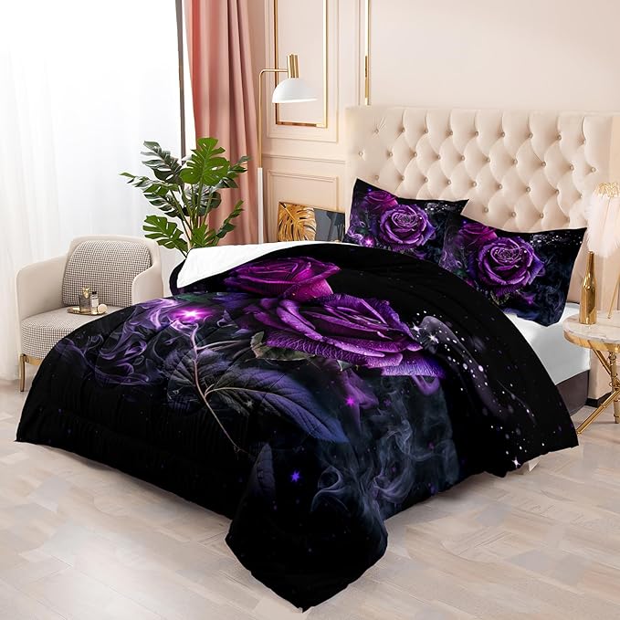 Purple Rose King Size Comforter Set - King Quilt Bedding Set with Flower Pattern for Women's Bedroom Decor