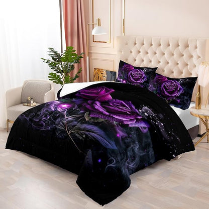 Purple Rose King Size Comforter Set - King Quilt Bedding Set with Flower Pattern for Women's Bedroom Decor