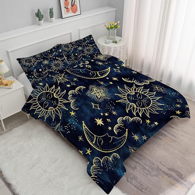 Celestial Comforter Set Queen Size Blue Gold Sun and Moon Boho Bedding for Kids Adult Women Teens Universe Galaxy Bohemian Exotic Gothic Quilt 1 Comforter + 2 Pillow Cases