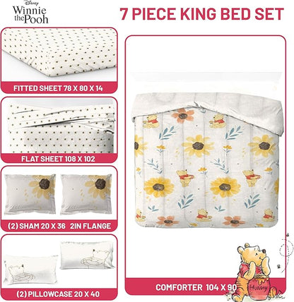 Jay Franco Disney Winnie The Pooh King Comforter Set - 7 Piece Bedding Includes Sheet Set & Pillow Covers - Super Soft Cozy Floral Bedding