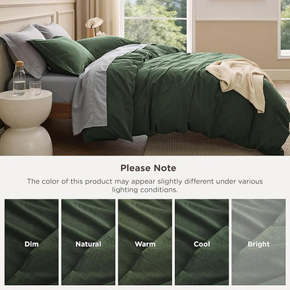 Bedsure 100% Washed Cotton Duvet Cover Oversized King - Olive Green Minimalist Bedding Set Linen Like - PureWoven Plain Simple & Soft Comforter Cover 3-Piece (Olive Green, Oversized King, 120"x98")