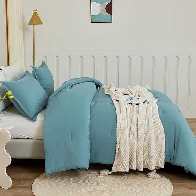 Litanika Oversized King Comforters Grayish Teal Super King Plus Size, 3 Pieces Lightweight Solid Bedding Comforter Set, All Season Fluffy Bed Set (128x120In Comforter & 2 Pillowcases)