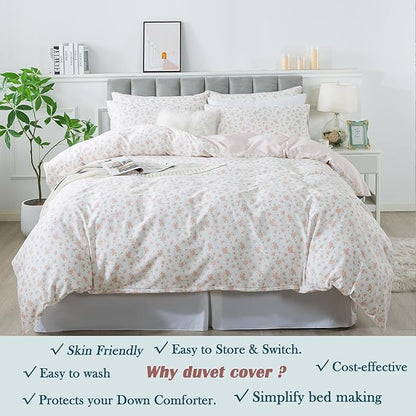 FADFAY Twin Duvet Cover Set Pink Floral Comforter Cover 100% Cotton Girls Pink White Flower Bedding Garden Style Blush Bedding for All Season Soft Set with 2 Pillowcases, Twin