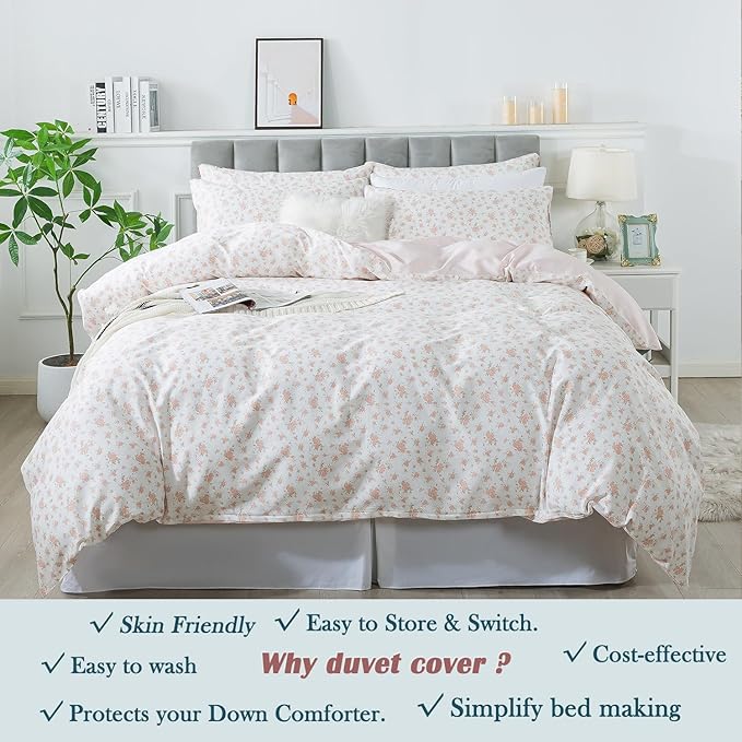 FADFAY Pink Floral Duvet Cover Set - King/Cal King Comforter, 100% Cotton, Girls' Blush Bedding with 2 Pillowcases