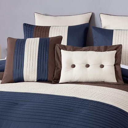 Chezmoi Collection Loft 8-Piece King Comforter Set, Midnight Blue/Brown/Coffee Cream Luxury Striped Bedding for All Season