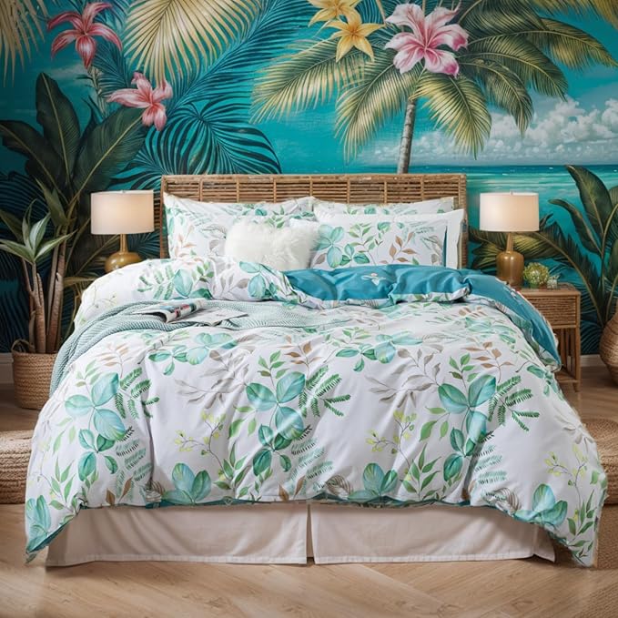 FADFAY Botanical Duvet Cover Sets Twin Size 100% Cotton Teal Green Leaves Patterned Comforter Cover Aesthetic Bedding for All Season Soft Crisp Modern Bed Cover with Zipper 3 Pcs