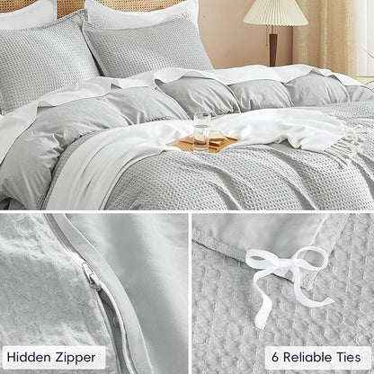 PHF Waffle Weave Duvet Cover Set Twin/Twin XL Size, No Snagging Soft Luxury Textured Breathable Comforter Cover for All Season 2pcs, Durable Bedding Duvet Set with 1 Pillow Sham, 68"x90", Light Grey