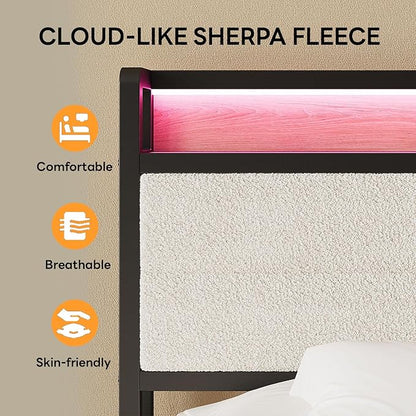 LIKIMIO Queen Bed Frame with Storage Headboard and LED Lights, Metal Platform Bed with Charging Station, Noise Free, No Box Spring Needed, Under Bed Storage, Natural and Cream