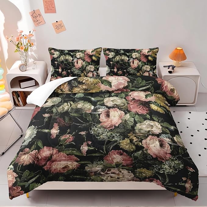 Boho Floral Comforter Set Full Black Floral Bedding Sets 3PCS for Kids Teen Adult Flowers Leaves Room Decor Ultra-Soft Lightweight Microfiber 1 Comforter with 2 Pillowcases