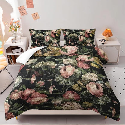 Boho Floral Comforter Set Full Black Floral Bedding Sets 3PCS for Kids Teen Adult Flowers Leaves Room Decor Ultra-Soft Lightweight Microfiber 1 Comforter with 2 Pillowcases