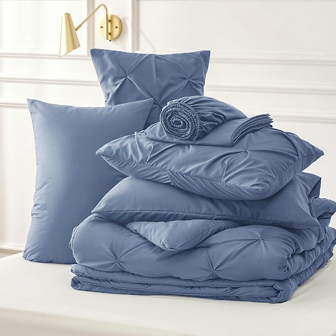 Bedsure Twin Comforter Set Slate Blue - Bed in a Bag Twin Size Bedding 5 Pieces, GentleSoft™ Pintuck Bed Set Gift for Family, Pinch Pleat Slate Blue Comforter with Sheets, Pillowcase & Sham