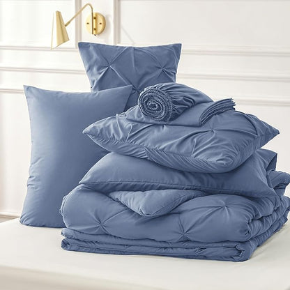 Bedsure Twin Comforter Set Slate Blue - Bed in a Bag Twin Size Bedding 5 Pieces, GentleSoft™ Pintuck Bed Set Gift for Family, Pinch Pleat Slate Blue Comforter with Sheets, Pillowcase & Sham