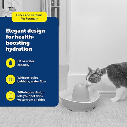 PetSafe Ceramic Pet Fountain – for Cats and Small Dogs – 60 Oz Water Capacity – Whisper-Quiet Water Flow – Great for Shy or Timid Pets – Fresh, Filtered Water