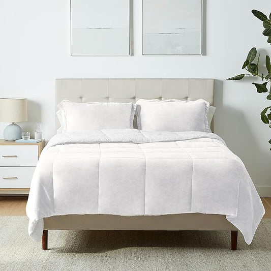 Amazon Basics 3-Piece Micromink Sherpa Bedding Set, Ultra-Soft, Warm All Season Comforter, Full/Queen, Cream