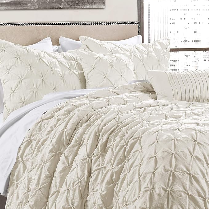 Lush Decor Ravello Pintuck Comforter Set - Luxe 5 Piece Textured Bedding Set - Traditional Glam & Farmhouse Inspired Bedroom Decor - Full/ Queen, Ivory