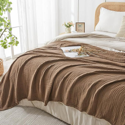 EMME Cotton Muslin King Blanket Bed Layering Breathable Gauze Blanket Soft Lightweight Blankets Adults (Brown, 108"x90")