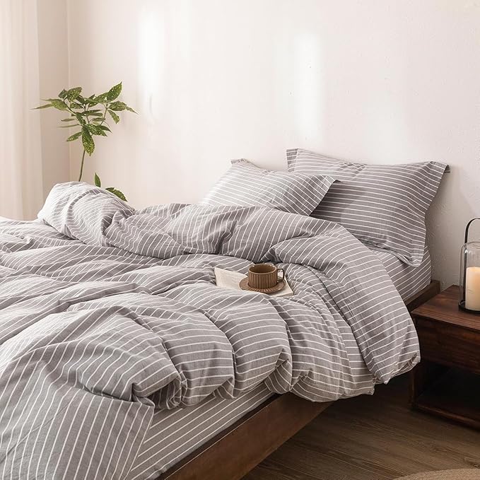 Stripe Duvet Cover Super King Plus Size 120inch x 120inch, 100% Washed Cotton Linen Feel Duvet Cover with Zipper Closure and 2 Pillowcases, Color of Grey-White Stripe