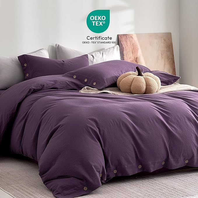 JELLYMONI 100% Washed Cotton Duvet Cover Full – Soft, Breathable Linen-Look Bedding with Natural Wrinkle Texture, Button Closure, 3-Piece Set (Iris Purple, 80"x90")