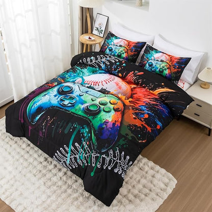 Aimuan Gamer Gaming Bedding Sets 3D Gamepad Comforter Sets for Boys Games Console Action Buttons Novelty Colorful Game Controller Modern Room Decor Home Quilt Set (Green, Twin)