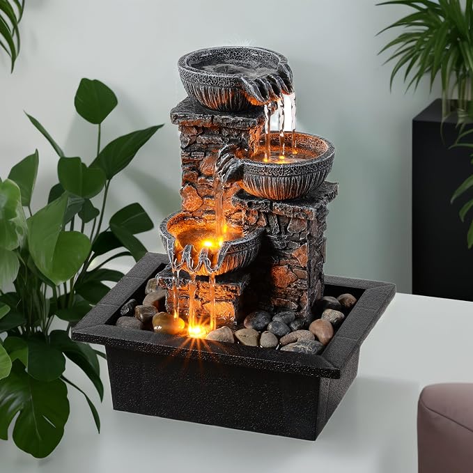 Kalona Tabletop Water Fountain, 3-Bowl Indoor Waterfall with LED Light | 9 cascading streams create soothing water sounds; rock-castle resin decor for meditation, relaxation, home, office or desk.