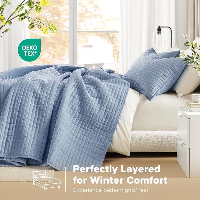 Comfort Spaces Blue Oversized Queen Quilt Set 102"x118" Bedspread Quilted Summer Lightweight Microfiber Bedding Coverlet with Double Sided Stitching Soft All Season Cozy 3 Piece with Matching Shams