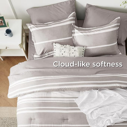 Bedsure King Comforter Set 7 Pieces, Taupe Striped Bedding Set for All Seasons, Reversible, Cationic Dyeing Bed in a Bag with Comforter, Sheets, Pillowcases & Shams
