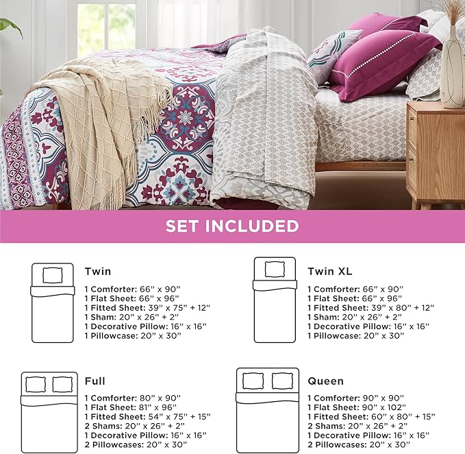 Degrees of Comfort Twin XL Complete Comforter Sets, Lattice Boho Bed in A Bag,Microfiber Bedding Set with Side Pockets, Matching Decorative Pillow, 6 Piece Purple