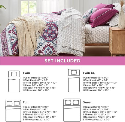 Degrees of Comfort Purple Comforter Set,Queen Boho Bedding Sets with Sheets,Bohemian Microfibe Bed in A Bag with Side Pockets, Matching Decorative Pillow, 8 Piece
