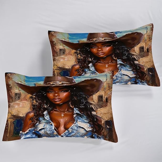 Girls Comforter Set King: Western Bedding for Cowboys Women Girls African American Bed Bedroom Dorm Fashion Quilt 1 Comforter + 2 Pillow Cases