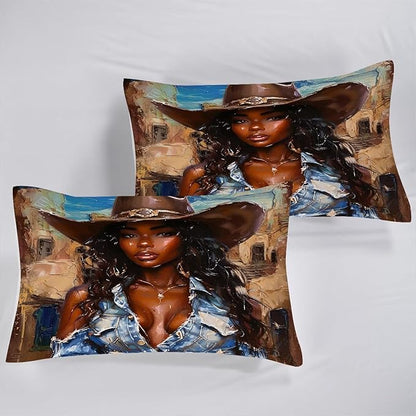 Girls Comforter Set King: Western Bedding for Cowboys Women Girls African American Bed Bedroom Dorm Fashion Quilt 1 Comforter + 2 Pillow Cases