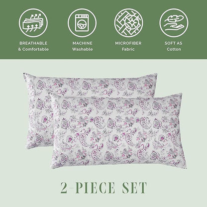 Elegant Comfort Ultra Soft Set of 2 Floral Print Pillowcases - 1500 Premium Hotel Quality Microfiber, Soft and Smooth Envelope Closure 2-Piece Pillow Covers - King, Paisley Purple