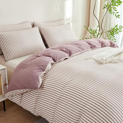Comforter Set Queen Size Soft Luxury Washed Microfiber Jacquard 3 Pieces Bedding, White Grayish Purple Vertical Ticking Stripes Pattern Comforter with 2 Pillowcases Breathable Durable Comfy